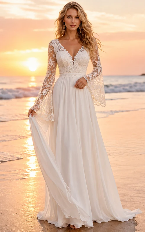 Boho Lace Sleeve Chiffon Beach Sunset Wedding Dress