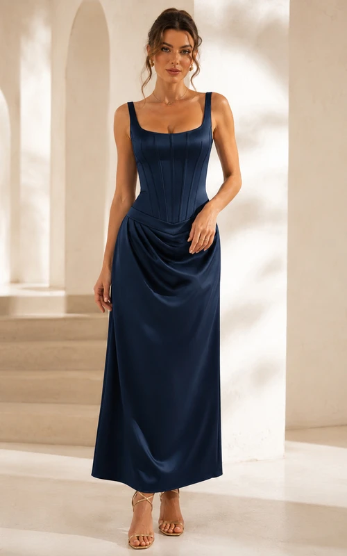 Vestido midi de satén drapeado con escote cuadrado azul marino oscuro para invitada
