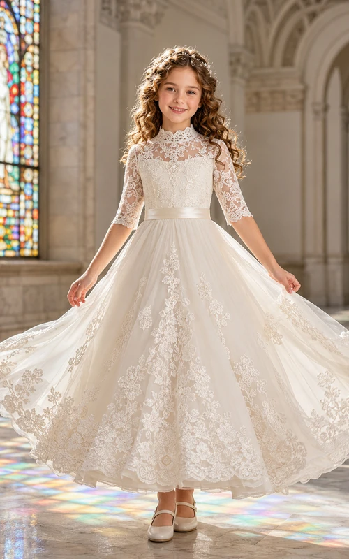 Robe de bal de communion mi-longue à col montant et manches trois-quarts en dentelle