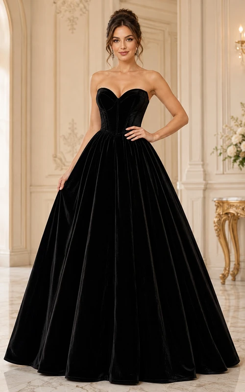 Vestido de noche formal largo hasta el suelo, estilo princesa, negro, sin tirantes, de terciopelo con escote corazón.