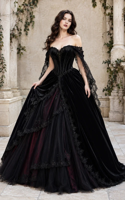 Schwarzes gotisches schulterfreies Samt-Spitzen-Ballkleid mit Glockenärmeln und Stufenrock