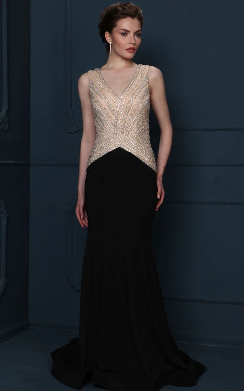Long V-Neck Beaded Jersey Evening Dress With Sweep Train And V Back