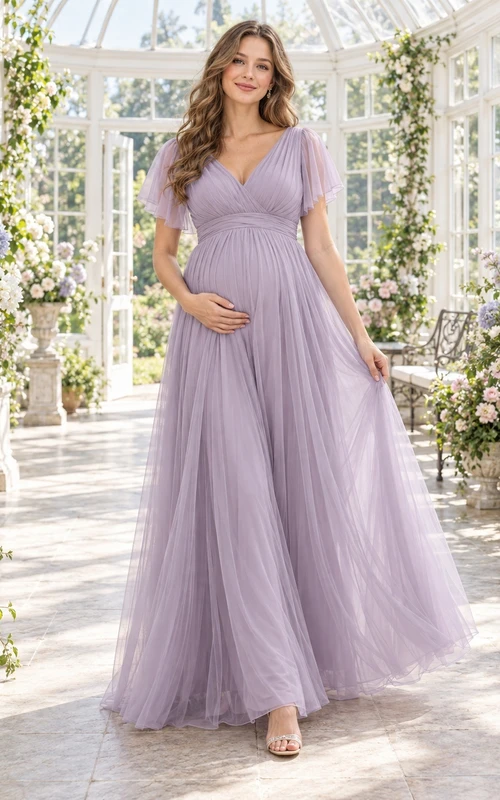 Maternity Simple Lavender Empire Flutter Sleeve V-neck Pleated Tulle Floor-length Bridesmaid Dress