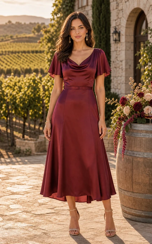 Robe trapèze longueur thé en satin bordeaux à manches papillon et col bénitier