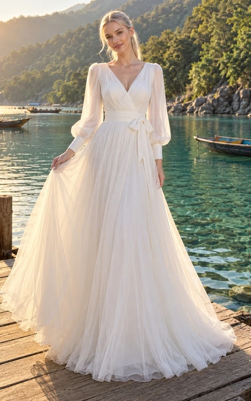 Schlichtes Brautkleid in A-Linie mit V-Ausschnitt, langen Ärmeln, gerafftem Tüll und Schärpe