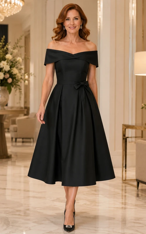 Vestido de recepción elegante vintage de satén negro hasta la rodilla con hombros descubiertos y corte en A para la madre.