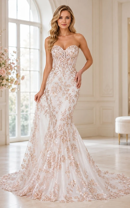 Meerjungfrauen-/Trompetenkleid mit Pailletten in Roségold, herzförmiger Silhouette, ärmellos, bodenlang, mit Schleppe – ein luxuriöses Brautkleid