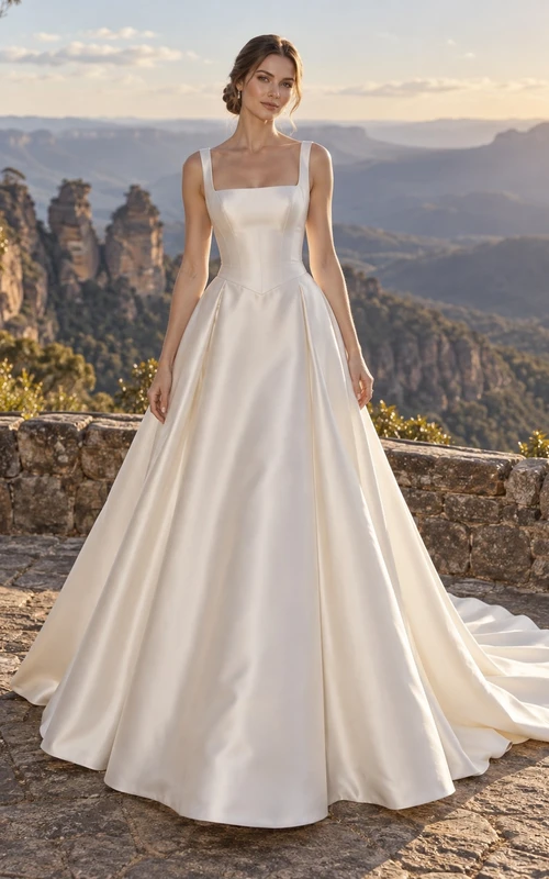 Schlichtes Brautkleid aus Satin mit eckigem Ausschnitt, breiten Trägern und schwungvoller A-Linie
