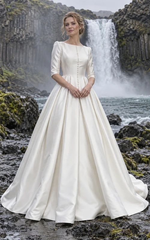 Vestido de novia de gala de satén duquesa con escote barco, mangas hasta el codo y espalda abotonada.
