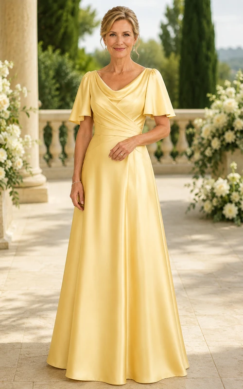 MOB-Kleid, Narzissengelb, Satin, A-Linie, Volantärmel, V-Ausschnitt, bodenlang, gerafft