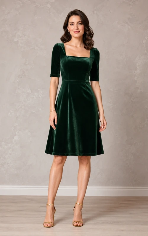 Dark Green Velvet Square Neck Short Sleeve Sheath Knee Dress
