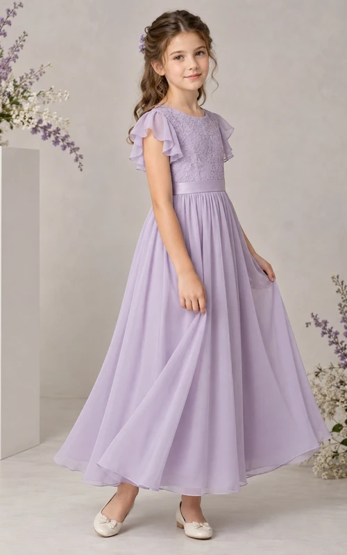 Vestido de niña de flores de gasa color lavanda, corte en A, mangas con volantes, largo hasta los tobillos, fruncido y lazo en la espalda.