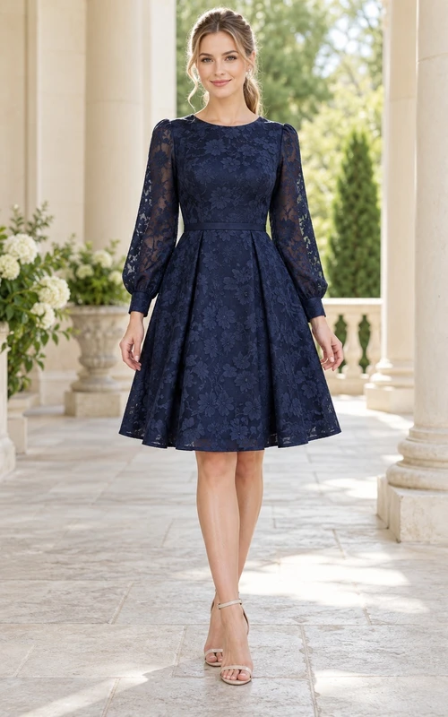 Robe de bal modeste à manches longues en dentelle florale bleu marine, longueur genou