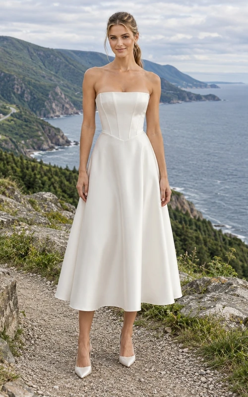 Schlichtes, trägerloses, wadenlanges Brautkleid mit strukturiertem Satinkorsett und A-Linien-Rock