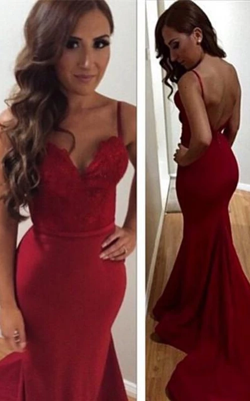 Magnifique robe de bal à fines bretelles, robe de soirée sirène avec applications de dentelle