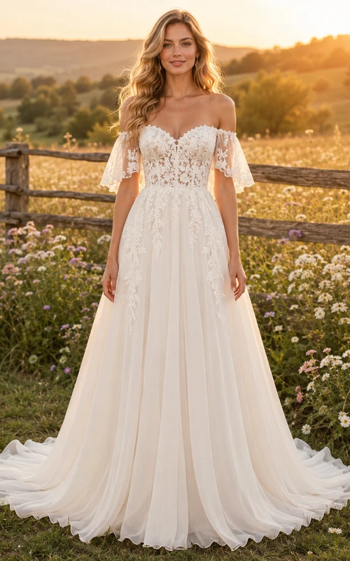 Vestido de novia de tul y encaje campestre, corte en A, hombros descubiertos, manga corta, cola de capilla, espalda baja en V.
