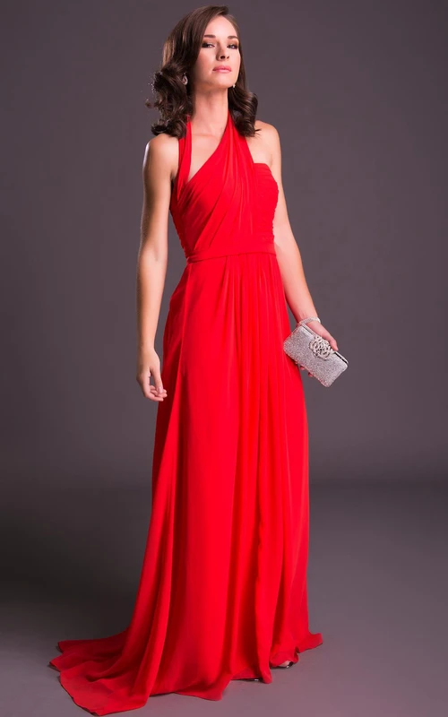 Robe de bal fourreau sans manches en mousseline, longue jusqu'au sol, dos nu, à bretelles.