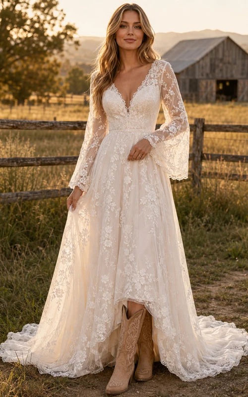 Vestido de novia de tul y encaje campestre, corte en A, hombros descubiertos, manga corta, cola de capilla, espalda baja en V.