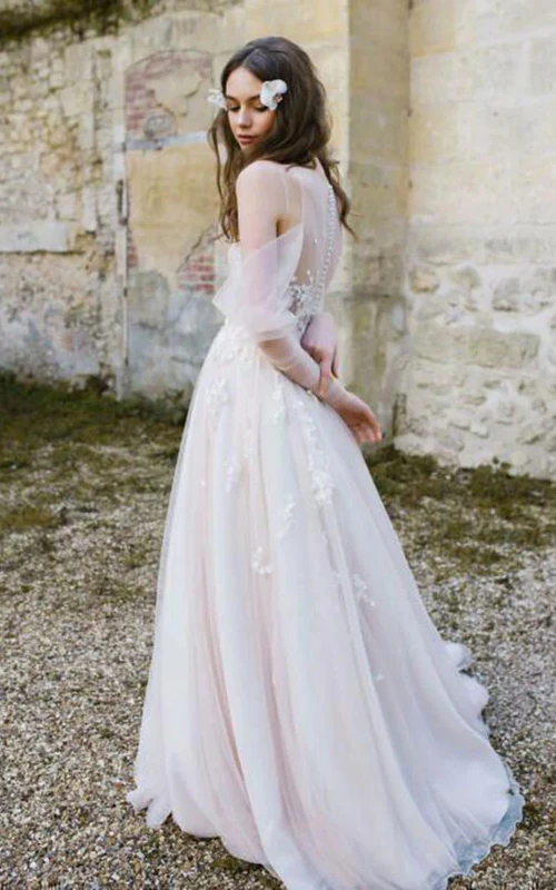 Fließendes, gerafftes A-Linien-Brautkleid aus Tüll mit Illusionseffekt