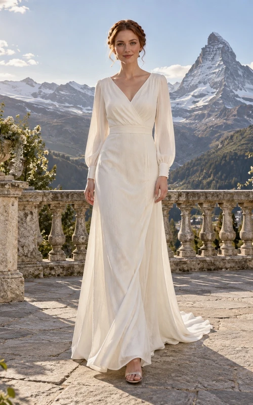 Vestido de novia sencillo de corte A con escote en V, mezcla de lino, mangas largas y cola fruncida.