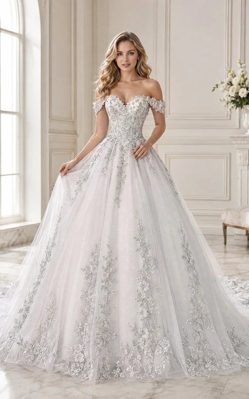 Elegantes graues Ballkleid aus Spitze mit schulterfreiem Ausschnitt, kurzen Ärmeln und bodenlanger Schleppe