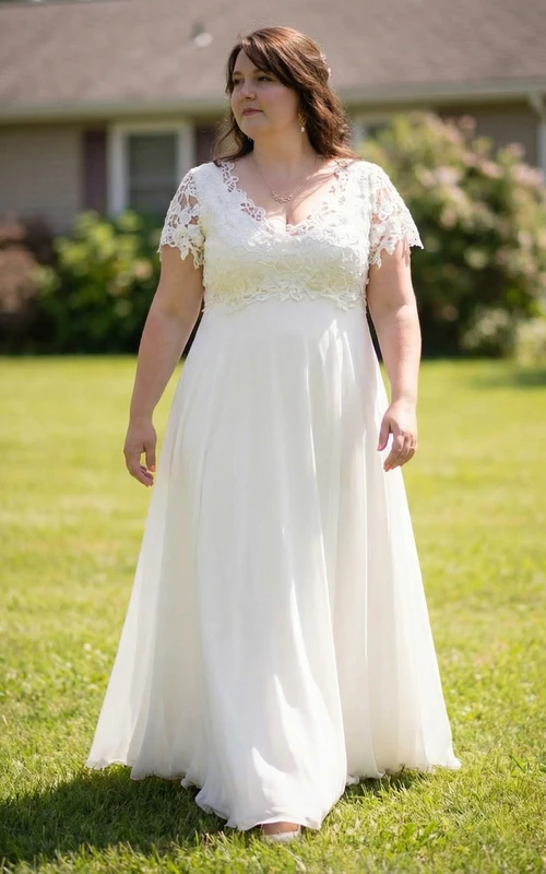 Vestido de novia de encaje con escote en V y manga corta