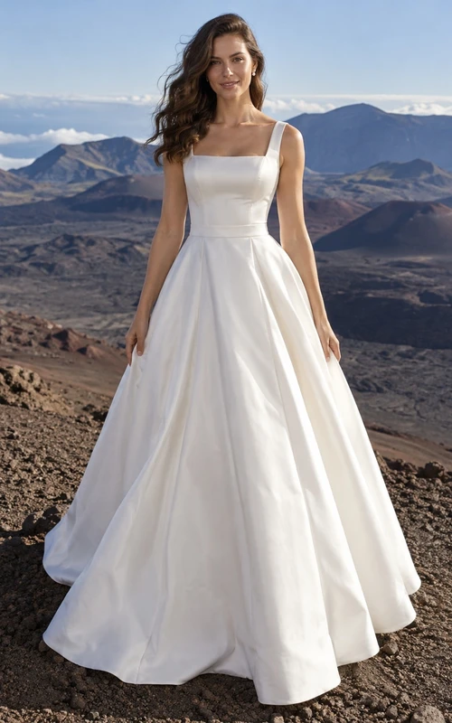 Vestido de novia sencillo de corte A, largo hasta el suelo, sin mangas, de tafetán liso y con escote cuadrado.