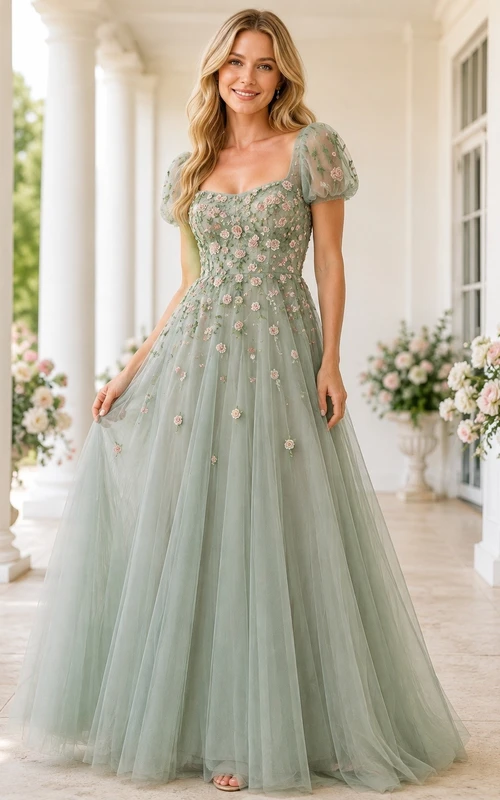 Sage Green Lace Puff Sleeve Tulle A-Line Evening Gown Dress