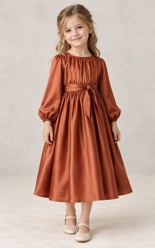 Langärmeliges, teelanges Blumenmädchenkleid aus Satin in Landhausstil, Rostbraun, mit gerafftem Ausschnitt und Satin-Oberteil