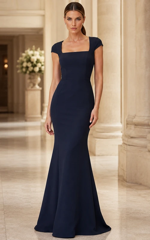 Dark Navy Square Neck Black Tie Mermaid Gown