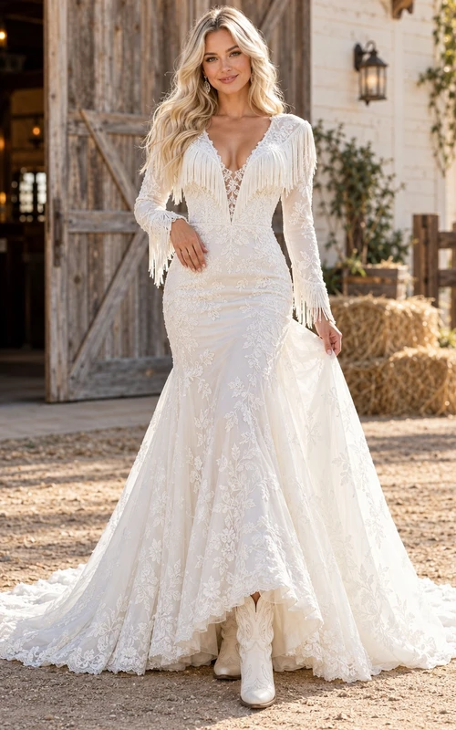 Western Country High-low Long Sleeve Mermaid Fringe Lace Wedding Dress