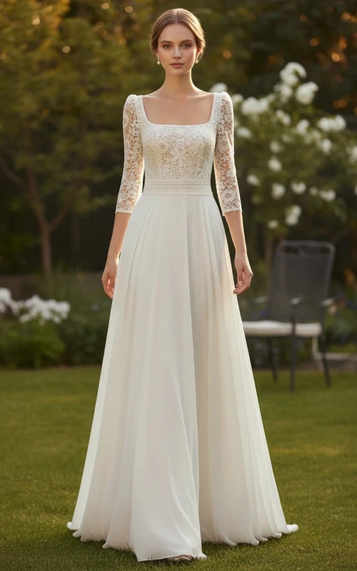 Schlichtes Brautkleid im Vintage-Stil aus Chiffon mit eckigem Ausschnitt, 3/4-Ärmeln aus Spitze und A-Linien-Design