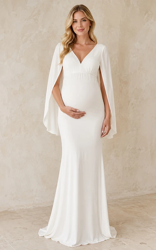 Robe de mariée simple à col en V, manches cape, fourreau et traîne, idéale pour les futures mamans.