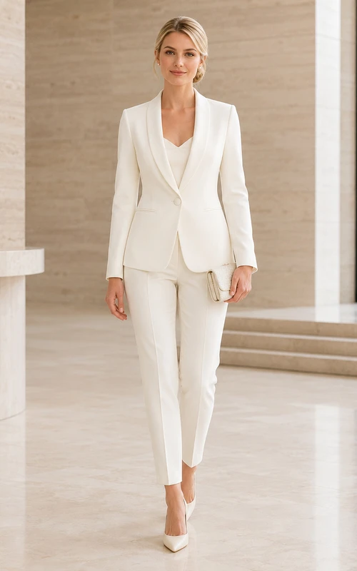 Ensemble pantalon de mariage civil à col en V minimaliste, manches longues et coupe slim, longueur cheville