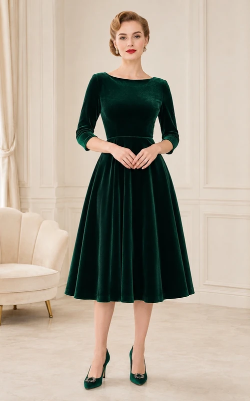Vintage Dark Green Bateau Three-Quarter Sleeve Velvet A-Line Tea-Length Dress