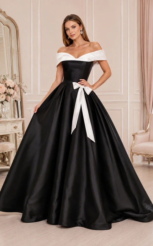 Vintage Black White Satin Ball Gown Floor-Length Off-Shoulder Bow Back Formal Dress