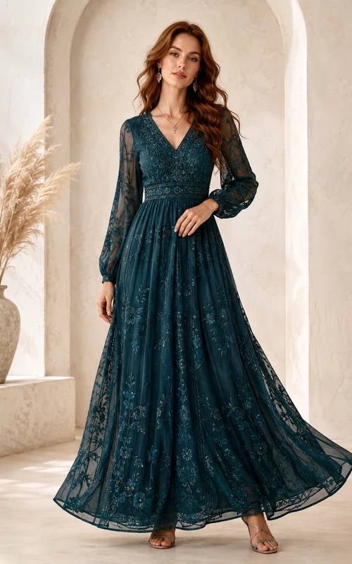Pfauenblaues, V-Ausschnitt-Abendkleid mit Illusionseffekt, langen Ärmeln, Spitze und Falten