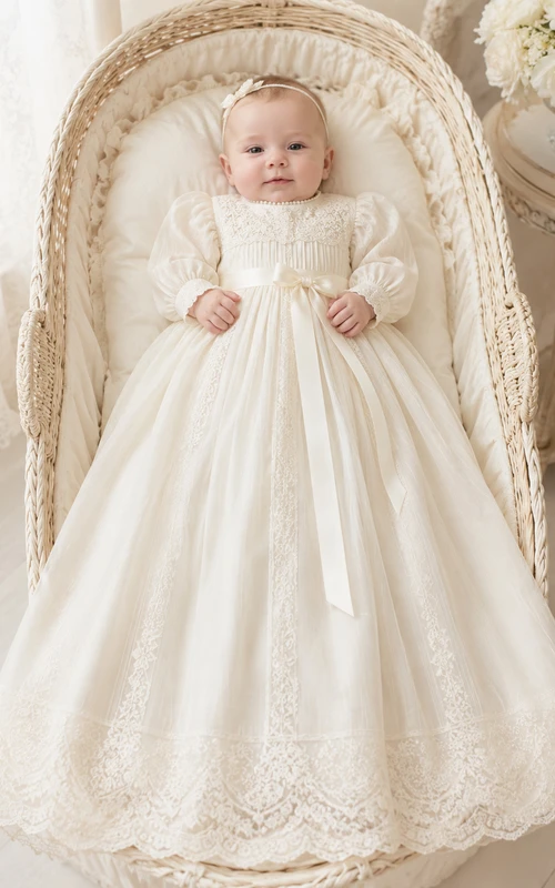 Bishop Sleeve Baptism Gown A-Line Lace Tulle Jewel Neck Floor-Length