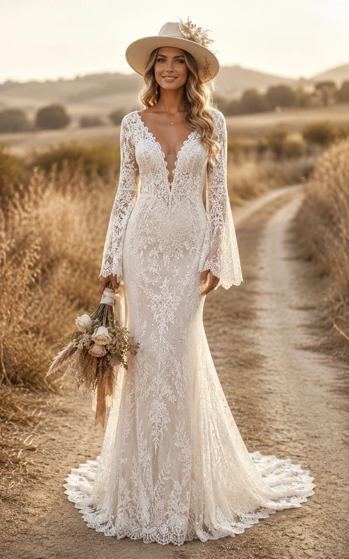 Robe de mariée bohème sirène en dentelle, manches cloche, dos nu plongeant et traîne.