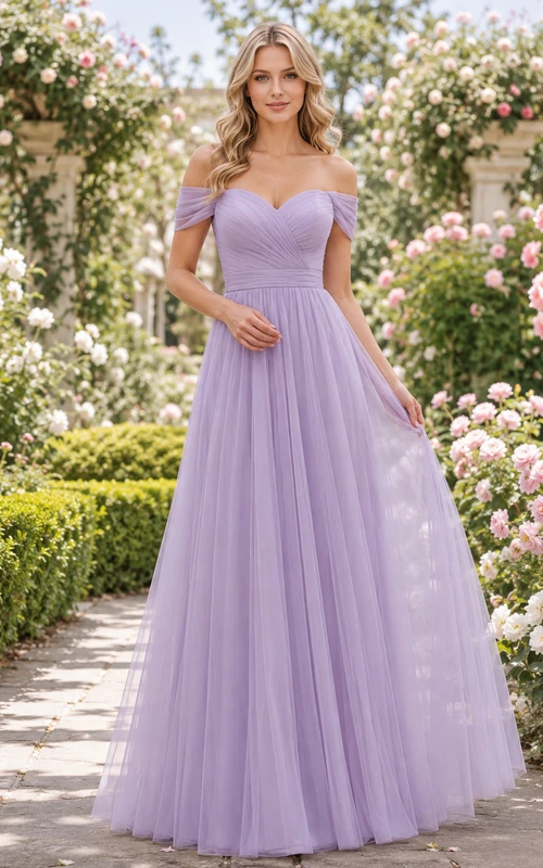Robe de demoiselle d'honneur lavande en tulle, épaules dénudées, décolleté cœur, longueur au sol, coupe trapèze