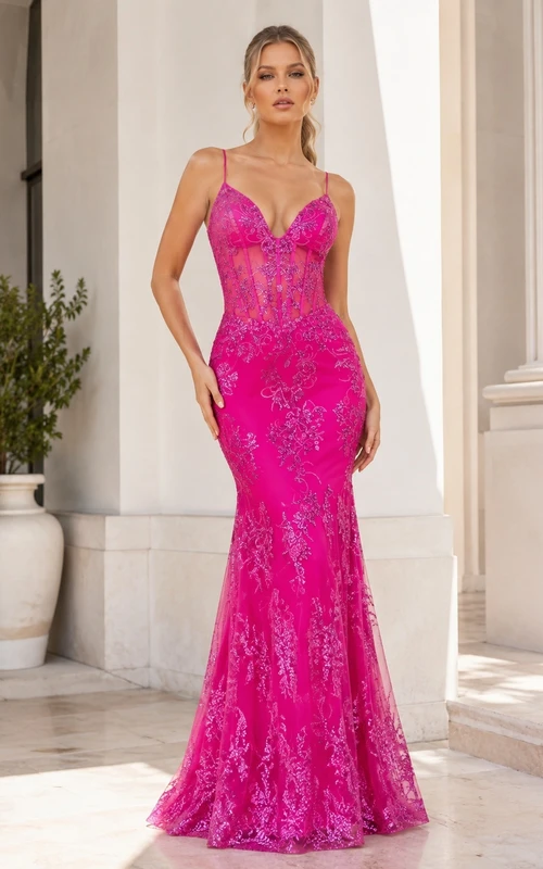 Fuchsiafarbenes, ärmelloses, bodenlanges, sexy Meerjungfrauen-/Trompeten-Kleid aus Spitze mit Herzausschnitt