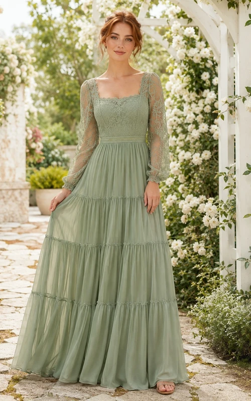 Sage Square Neck Long Sleeve Tiered Chiffon Maxi Bohemian Dress