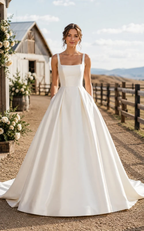 Robe de bal champêtre en satin, col carré simple, avec traîne chapelle, idéale pour un mariage de style champêtre.