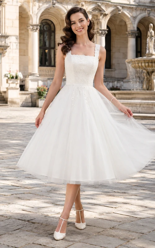 Square Neck Tulle Tea Length Retro Courtyard Bridal Dress