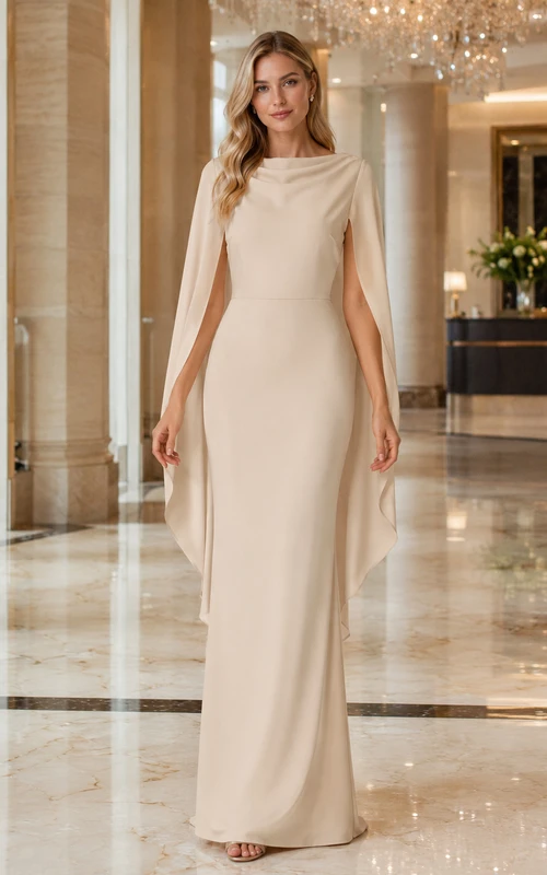 Champagne Bateau Cape Sleeve Sheath Floor Length Evening Gown