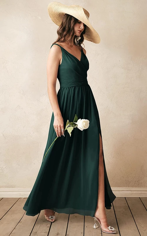 Elegant V-neck A Line Sleeveless Ankle-length Chiffon Bridesmaid Dress With Ruching