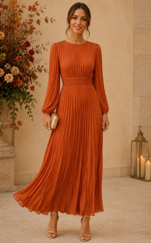 Robe orange plissée à manches longues en mousseline, longueur thé