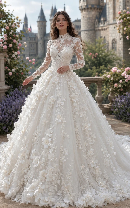 Long Sleeve 3D Floral Castle Garden Ball Gown