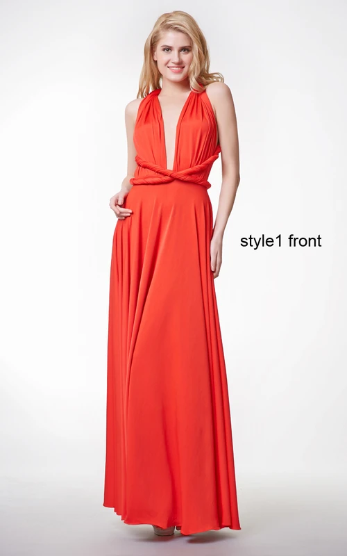 Deep V Neck Ruched Long Jersey Dress With Changeable Criss Cross Straps