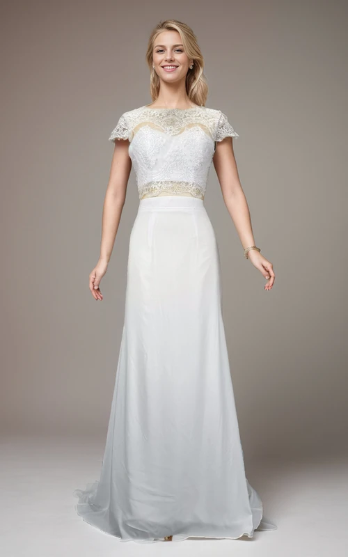 Robe de mariée fourreau deux pièces en mousseline de dentelle festonnée, longueur au sol